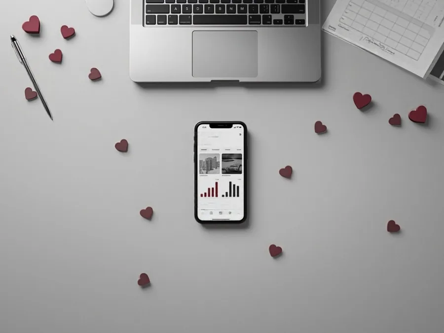 Escritorio con teléfono mostrando métricas de redes sociales, laptop y reporte de analítica